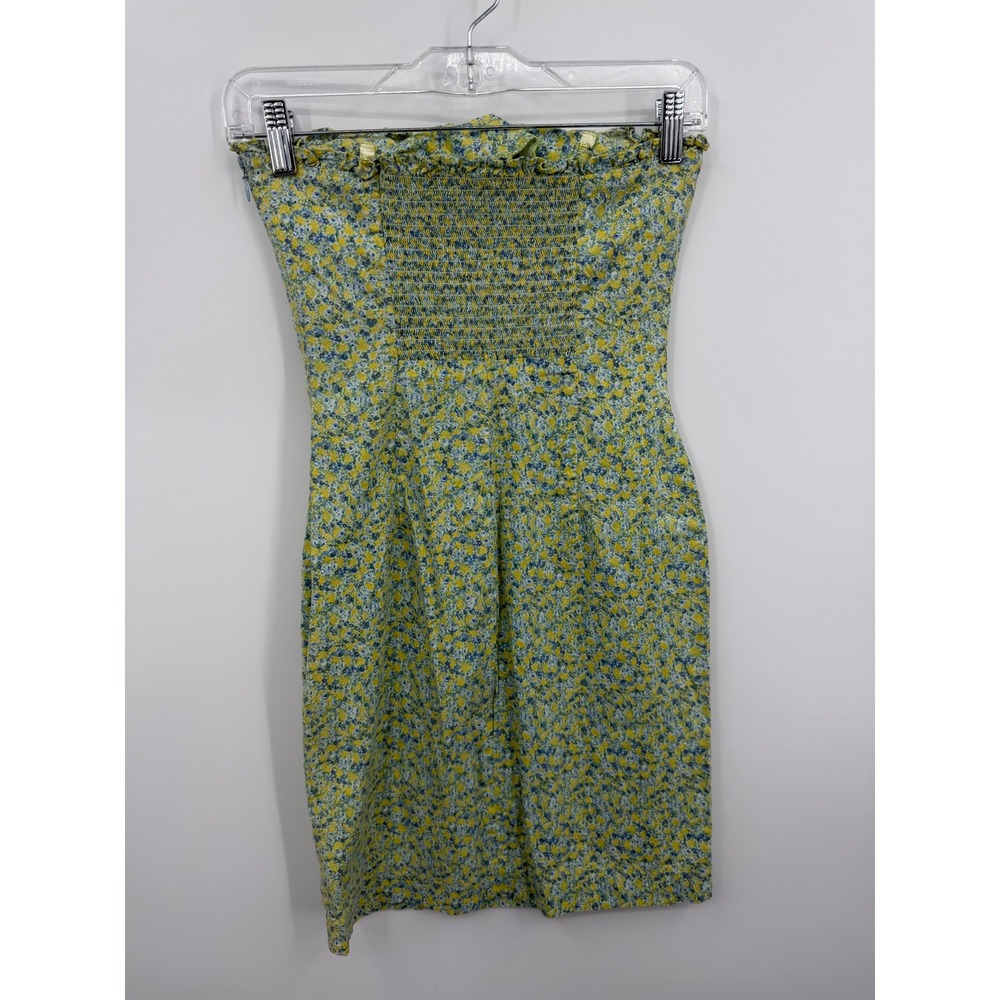 vintage Express Strapless Floral Mini Dress sz 1/2 Yellow Blue Smocked Bodycon - Picture 5 of 10